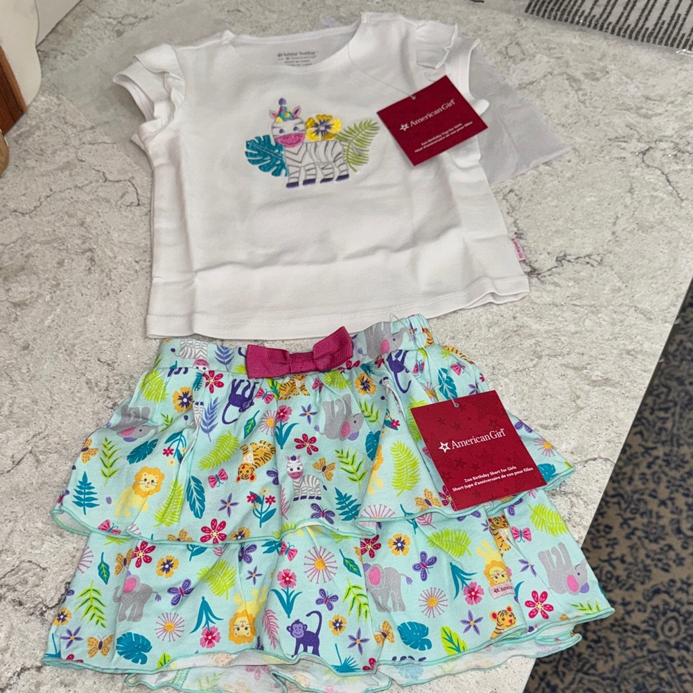 American Girl White Tee and Vibrant Animal Skirt